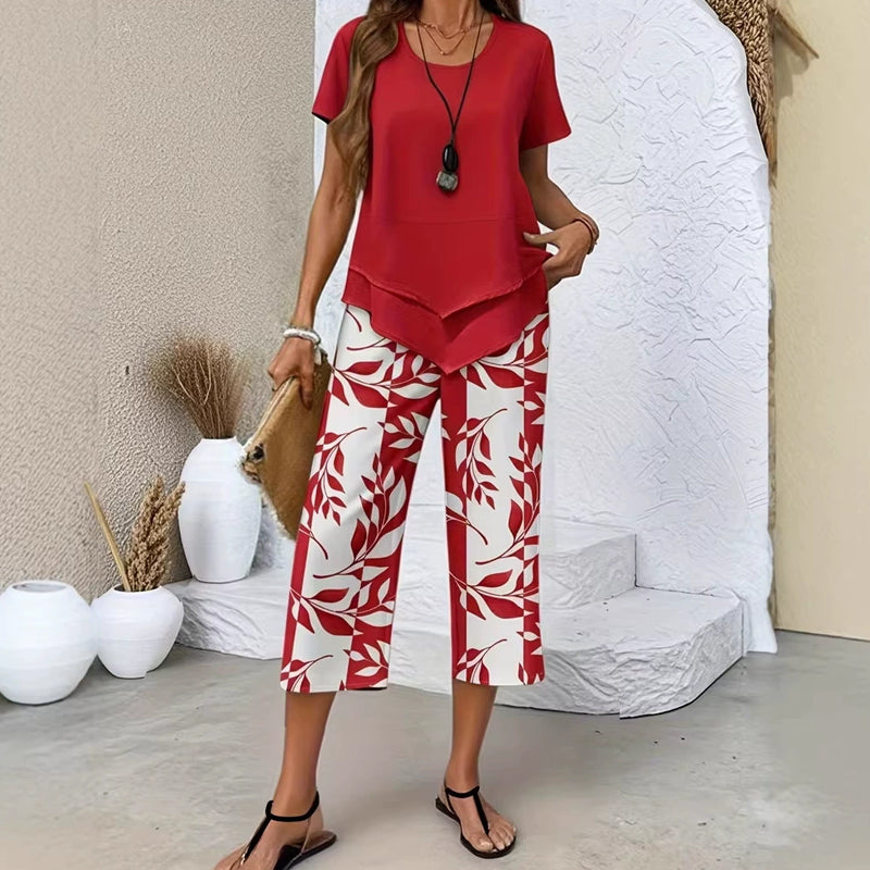 Casual Round Neck Layered Tunic Top and Wide Leg Pants Set