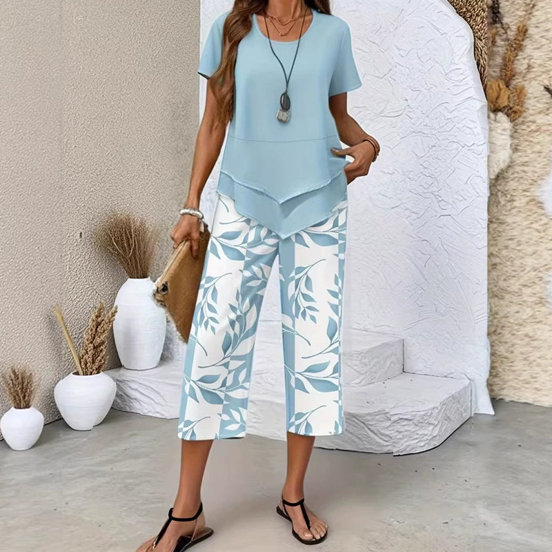 Casual Round Neck Layered Tunic Top and Wide Leg Pants Set
