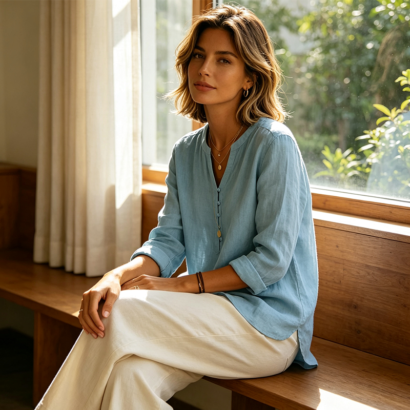 Women Casual V Neck Button Up Long Sleeve Shirt