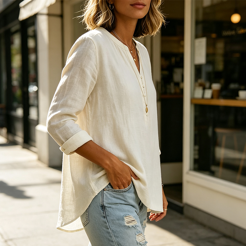 Women Casual V Neck Button Up Long Sleeve Shirt