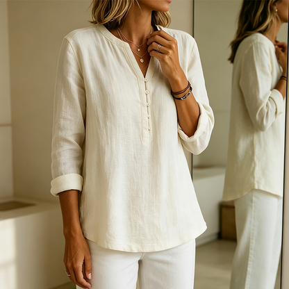 Women Casual V Neck Button Up Long Sleeve Shirt