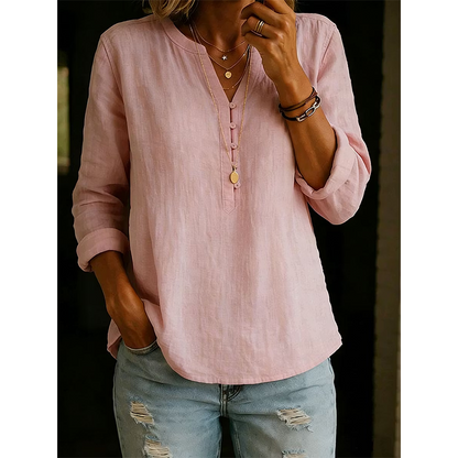 Women Casual V Neck Button Up Long Sleeve Shirt