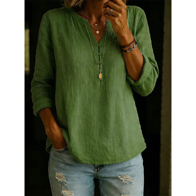 Women Casual V Neck Button Up Long Sleeve Shirt