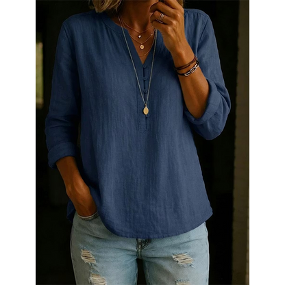 Women Casual V Neck Button Up Long Sleeve Shirt