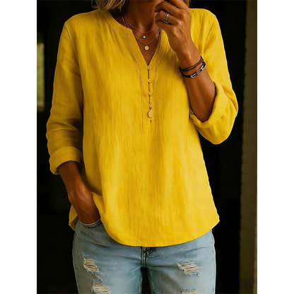 Women Casual V Neck Button Up Long Sleeve Shirt