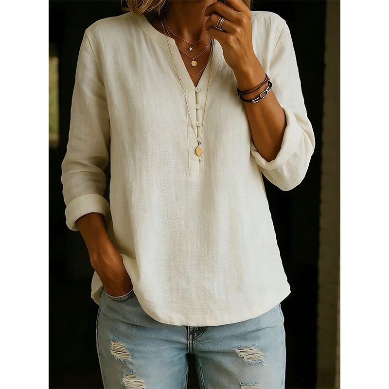 Women Casual V Neck Button Up Long Sleeve Shirt