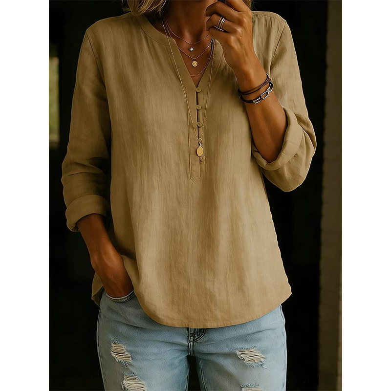 Women Casual V Neck Button Up Long Sleeve Shirt