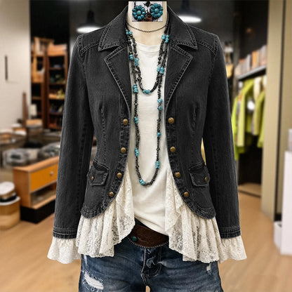Women's Notch Lapel Denim Jacket with Lace Hem