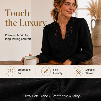 👗Delicate Lace, Sexy V-Neck👚 Women's Lace V-Neck Long Sleeve Top – Slim Fit | Elegant & Alluring ✨