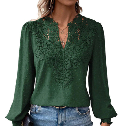 👗Delicate Lace, Sexy V-Neck👚 Women's Lace V-Neck Long Sleeve Top – Slim Fit | Elegant & Alluring ✨