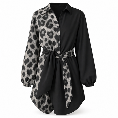 🖤Black Friday Sale:50% OFF🖤 🐆Women's Leopard Print Contrast Patchwork Long Sleeve Shirt Mini Dress with Belt