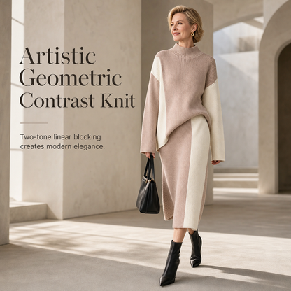 💖Black Friday Mega Deal – 50% off!💖 Women's Autumn Winter Color Block Knit 2-Piece Set Thickened Pullover Sweater and Skirt
