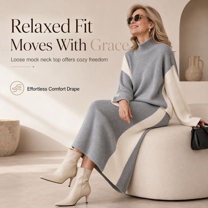 💖Black Friday Mega Deal – 50% off!💖 Women's Autumn Winter Color Block Knit 2-Piece Set Thickened Pullover Sweater and Skirt