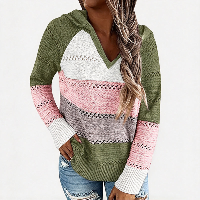 Women's Color Block Hollow-Out Knit Hoodie
