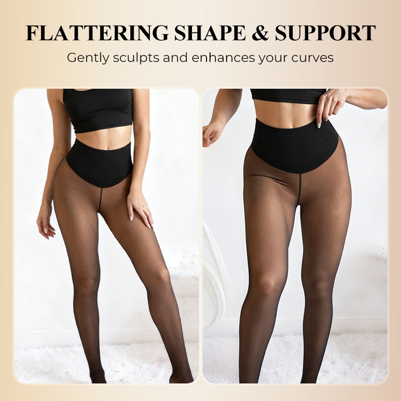 Flawless Legs™ Fake Translucent Fleece-Lined Tights – Sheer Illusion Thermal Sculpting Pantyhose with Tummy-Control Waistband