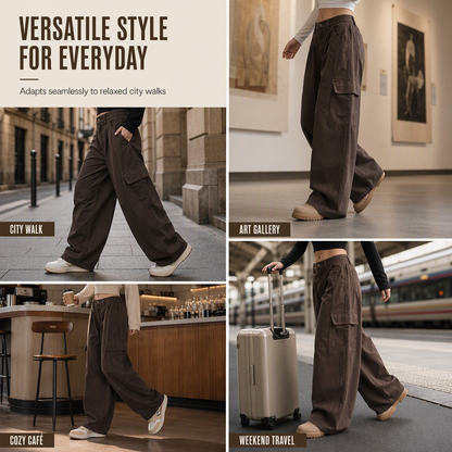 Women's High Waisted Wide Leg Baggy Cargo Pants with Utility Pockets Loose Fit Cotton Blend Trousers