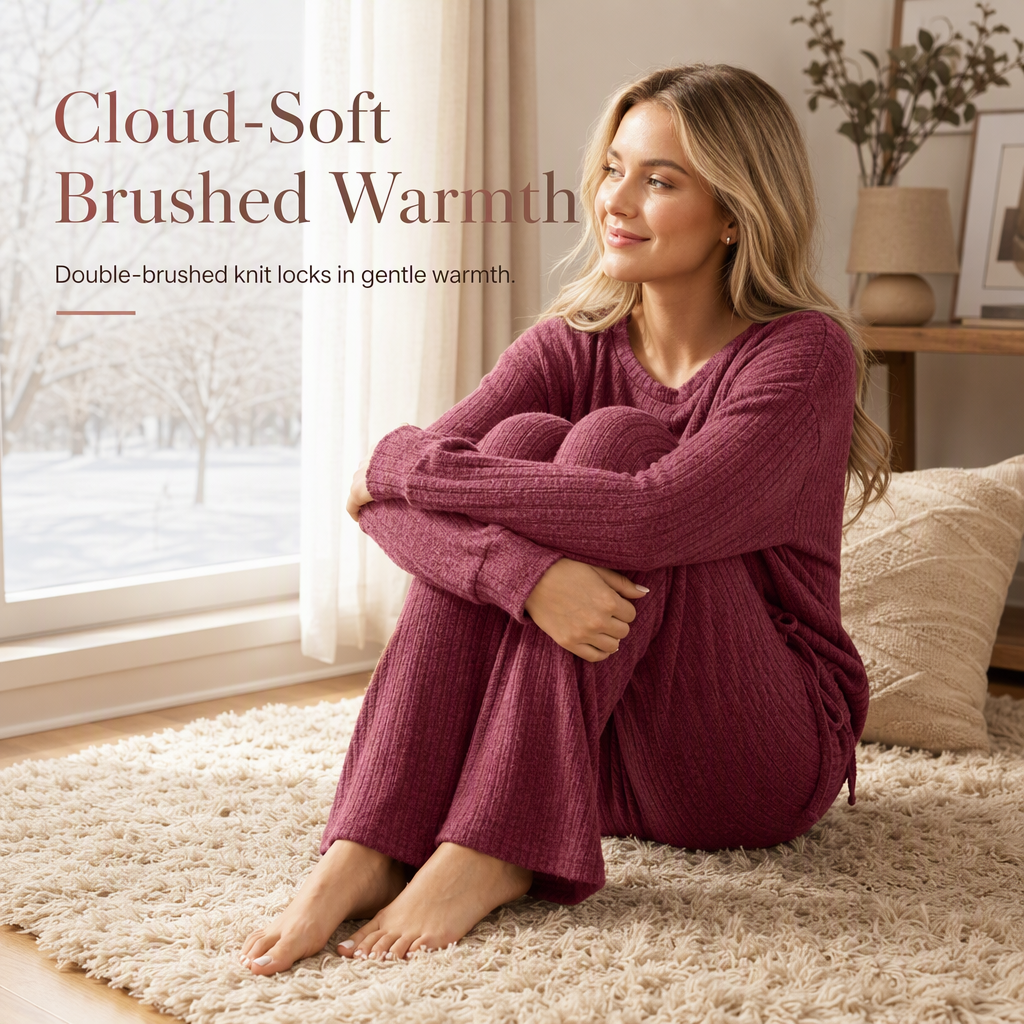 Women's Casual Brushed Ribbed Knit 2-Piece Lounge Set