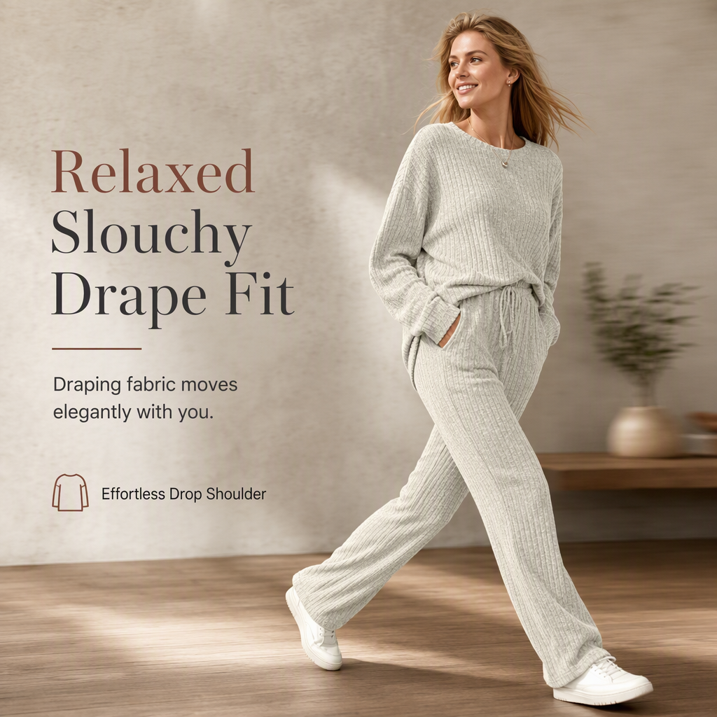 Women's Casual Brushed Ribbed Knit 2-Piece Lounge Set