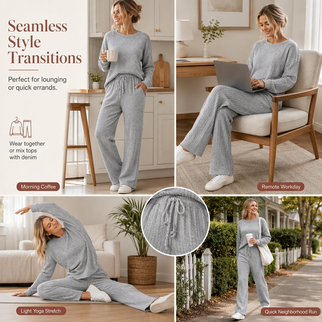 Women's Casual Brushed Ribbed Knit 2-Piece Lounge Set
