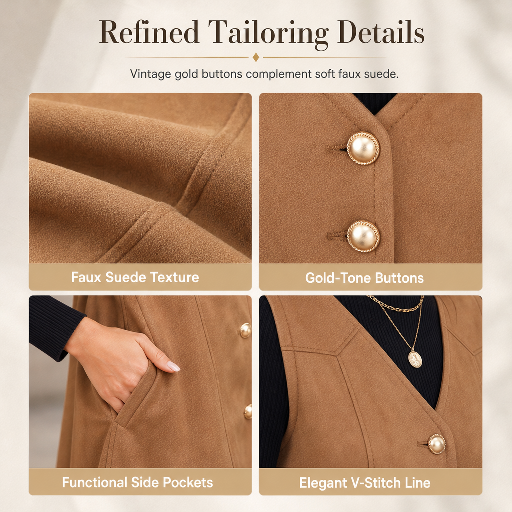 Classic Faux Suede V Neck Button Front Sleeveless Pinafore Dress