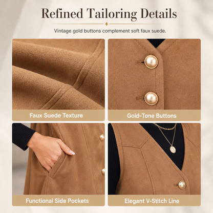 Classic Faux Suede V Neck Button Front Sleeveless Pinafore Dress