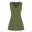 Classic Faux Suede V Neck Button Front Sleeveless Pinafore Dress