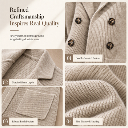Women's Double-Breasted Ribbed Knit Cardigan with Pockets and Notched Lapel