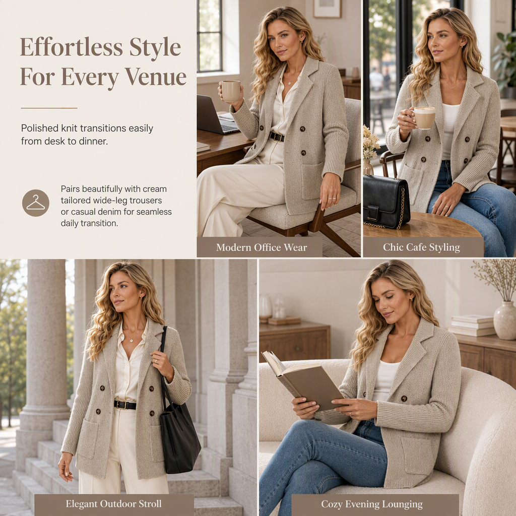 Women's Double-Breasted Ribbed Knit Cardigan with Pockets and Notched Lapel