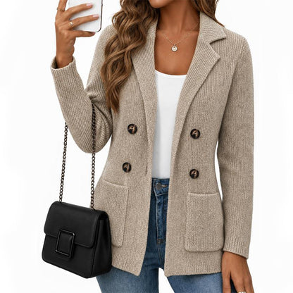 Women's Double-Breasted Ribbed Knit Cardigan with Pockets and Notched Lapel