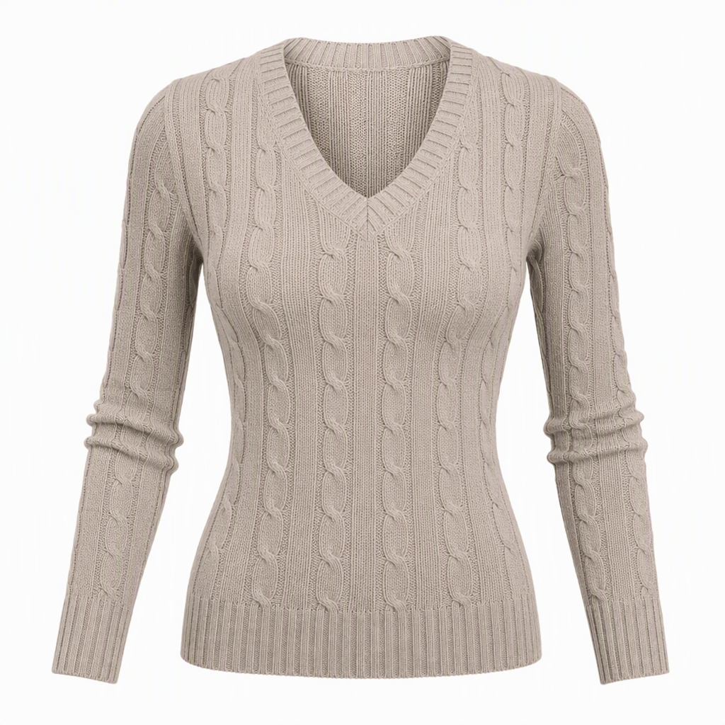 Women's V-Neck Cable Knit Sweater Long Sleeve Soft Warm Knitted Pullover