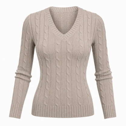Women's V-Neck Cable Knit Sweater Long Sleeve Soft Warm Knitted Pullover