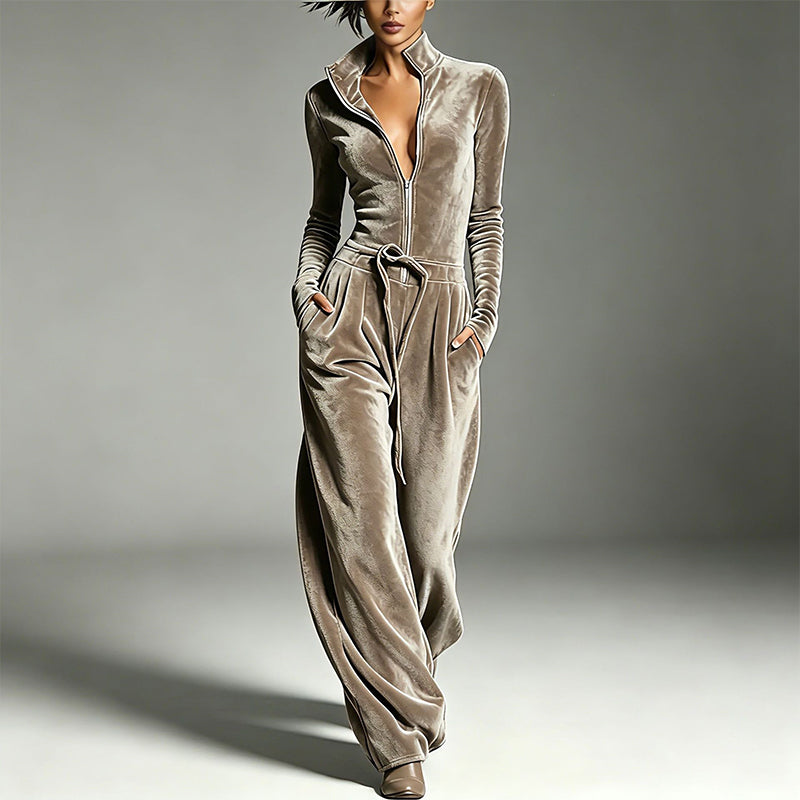 Women's Chic Stand Collar Velvet Jumpsuit