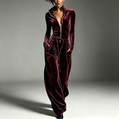 Women's Chic Stand Collar Velvet Jumpsuit