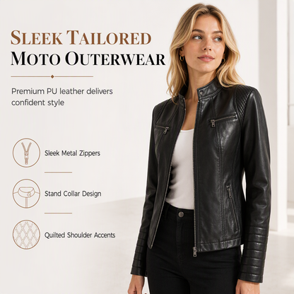 Women's Faux Leather Biker Lightweight Short Motorcycle Coat for Spring and Autumn