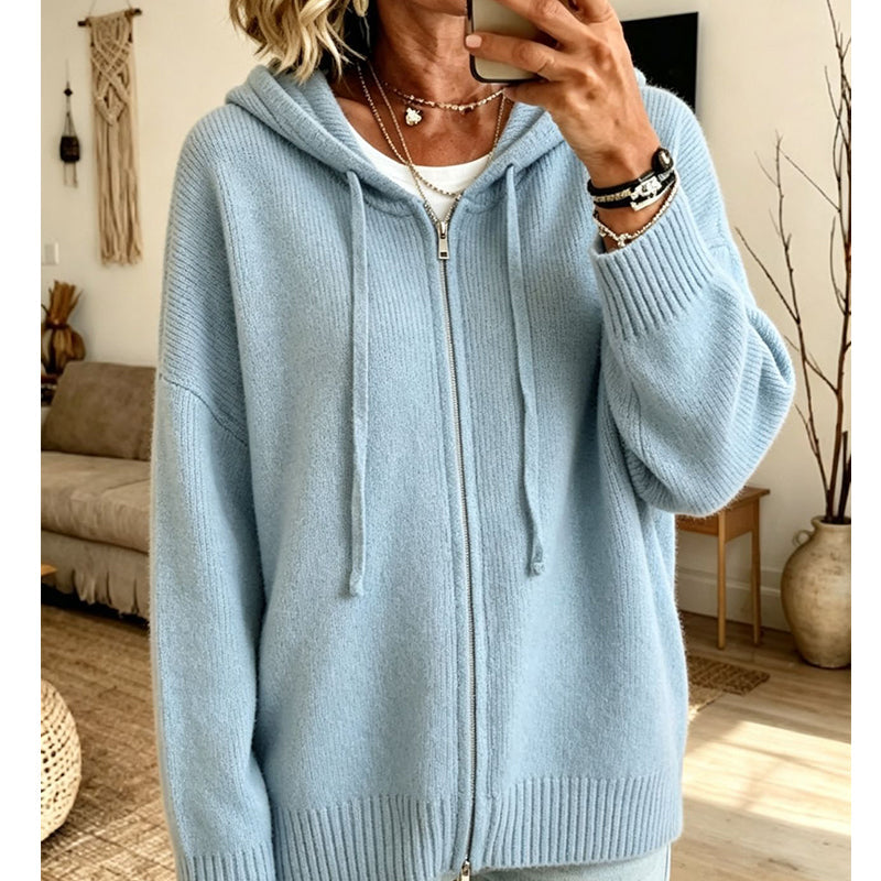 🧥 Cozy Chic Loose Zip-Up Hooded Knit Cardigan Coat – S to 3XL