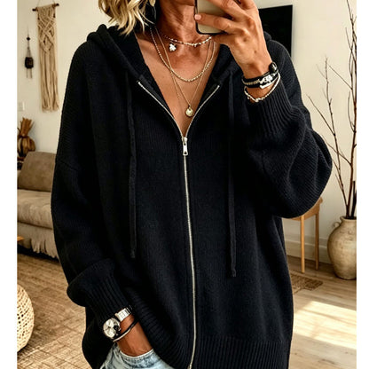 🧥 Cozy Chic Loose Zip-Up Hooded Knit Cardigan Coat – S to 3XL