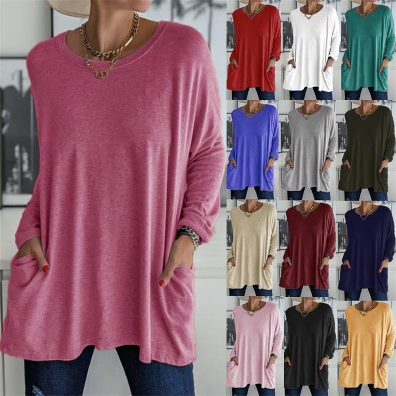 👕 Effortless Flared Hem Long-Sleeve Tunic with Pockets – S to 5XL
