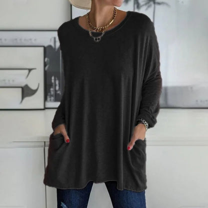 👕 Effortless Flared Hem Long-Sleeve Tunic with Pockets – S to 5XL