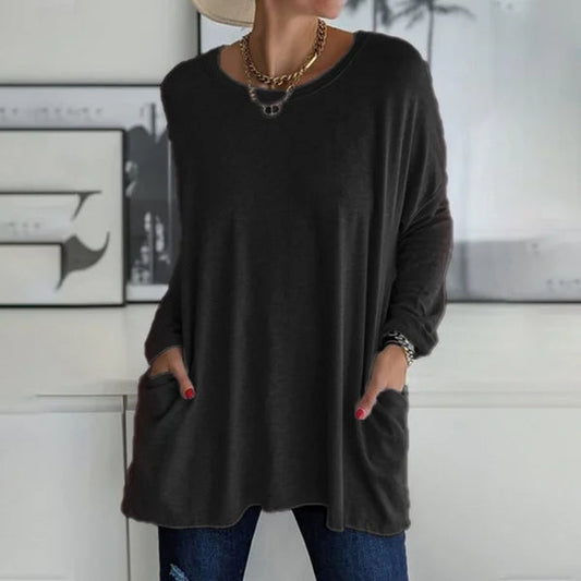 👕 Effortless Flared Hem Long-Sleeve Tunic with Pockets – S to 5XL