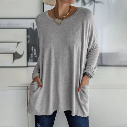 👕 Effortless Flared Hem Long-Sleeve Tunic with Pockets – S to 5XL
