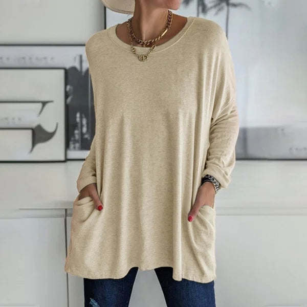 👕 Effortless Flared Hem Long-Sleeve Tunic with Pockets – S to 5XL