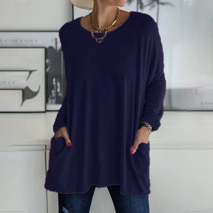👕 Effortless Flared Hem Long-Sleeve Tunic with Pockets – S to 5XL