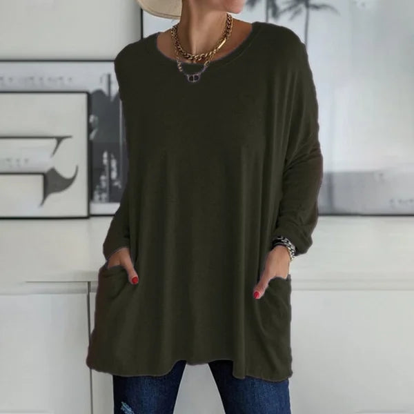 👕 Effortless Flared Hem Long-Sleeve Tunic with Pockets – S to 5XL