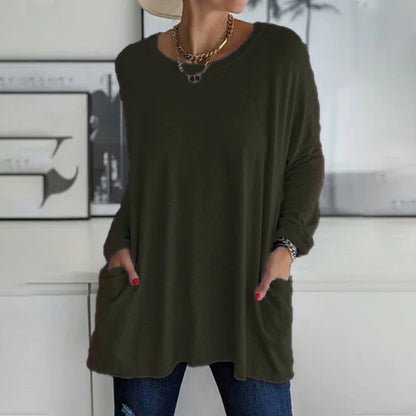 👕 Effortless Flared Hem Long-Sleeve Tunic with Pockets – S to 5XL