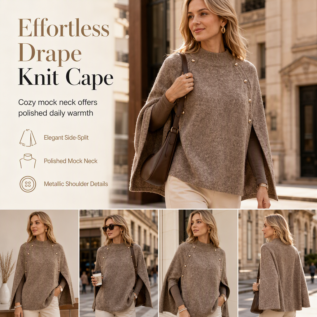 Women's Buttoned Knit Cape Poncho Sweater