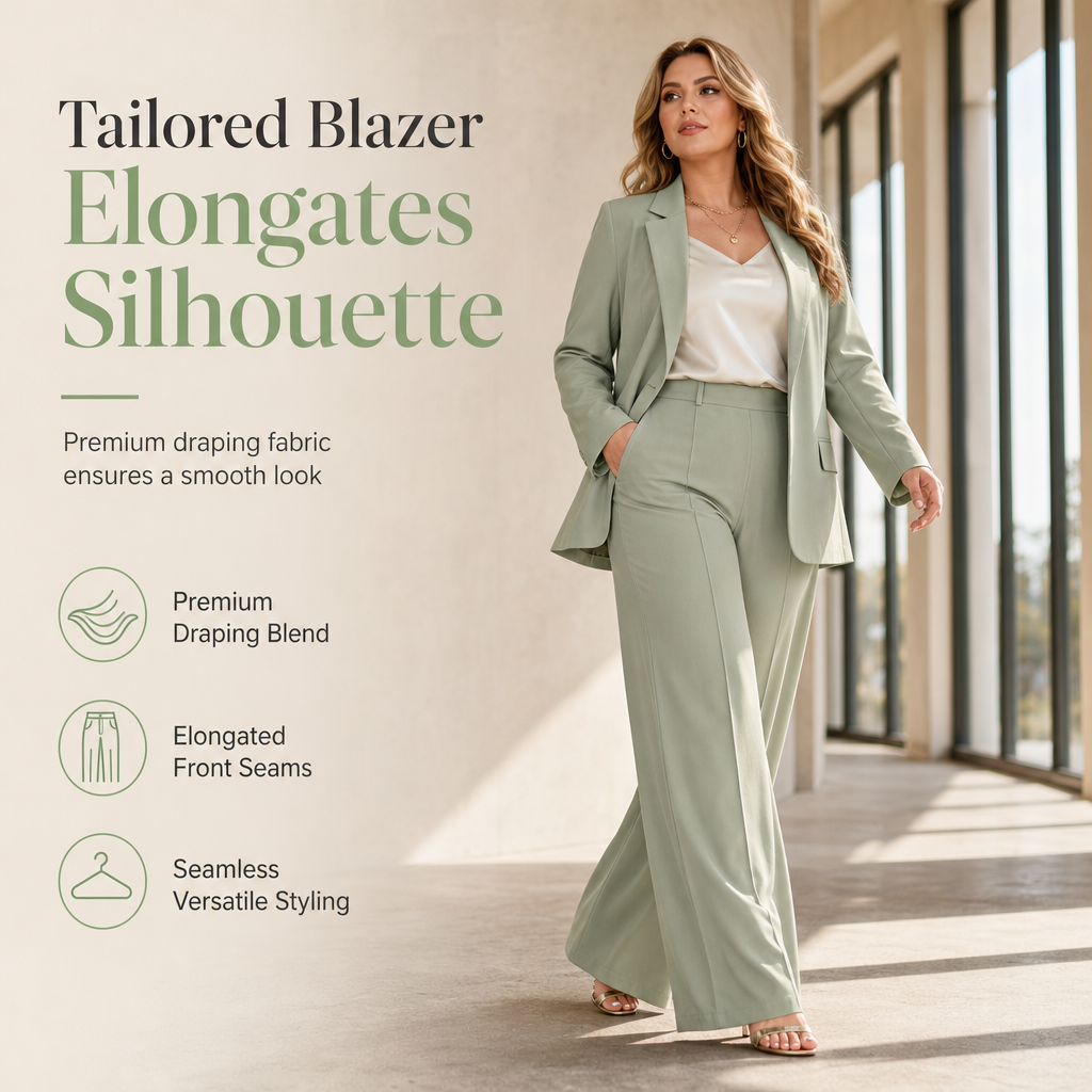 Elegant Two-Piece Suit Set with Tailored Blazer and Relaxed Wide-Leg Trousers