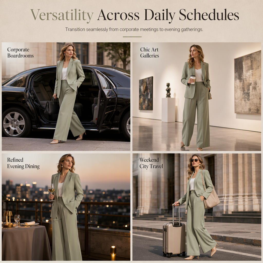 Elegant Two-Piece Suit Set with Tailored Blazer and Relaxed Wide-Leg Trousers