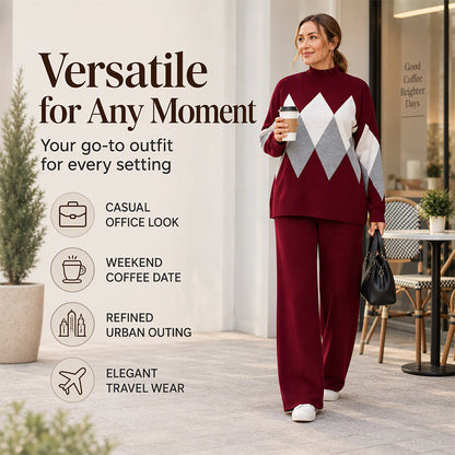 Women's Argyle Knit Sweater & Wide-Leg Pants Set