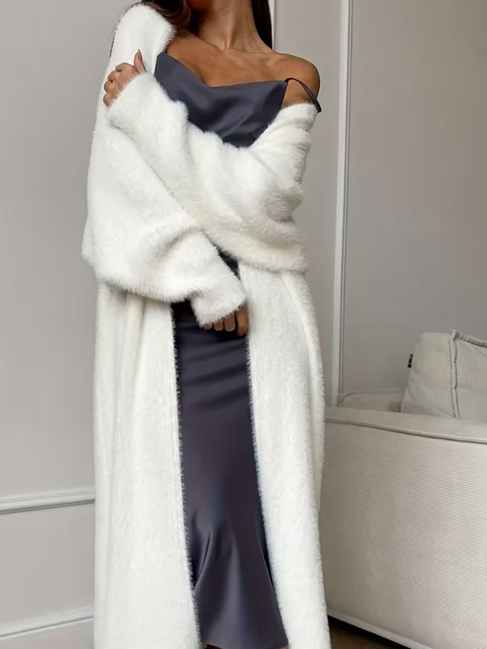 Women's Faux Mink Fleece Long Cardigan Sweater Fluffy Oversized Knit Coat for Autumn and Winter