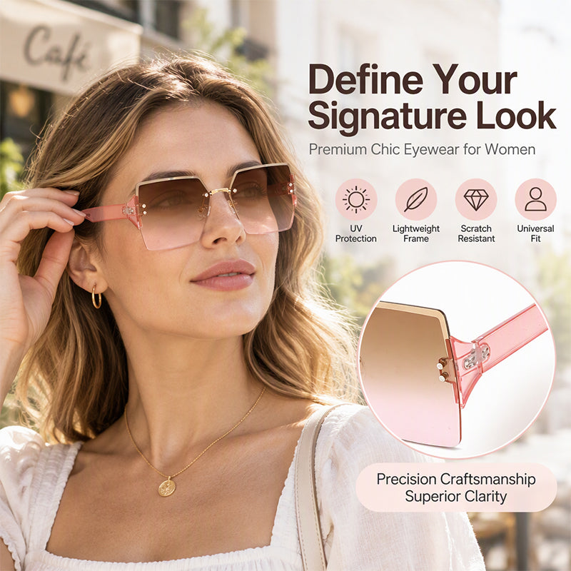 Frameless Square Oversized Sunglasses – Gradient UV400 HD Lenses & Ultralight Metal Temples | Universal Fit